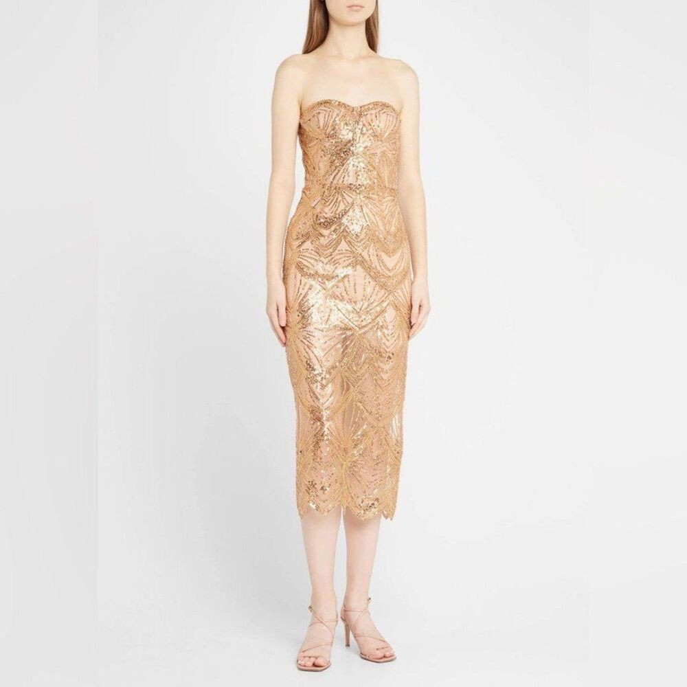 Bronx and Banco Rose Gold Sequin Strapless Midi Dress - Picture 2 of 12